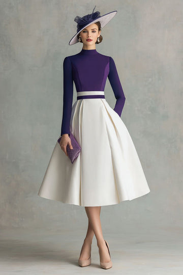 Prune Satin Une ligne col haut Midi Robe mère de la mariée avec manches